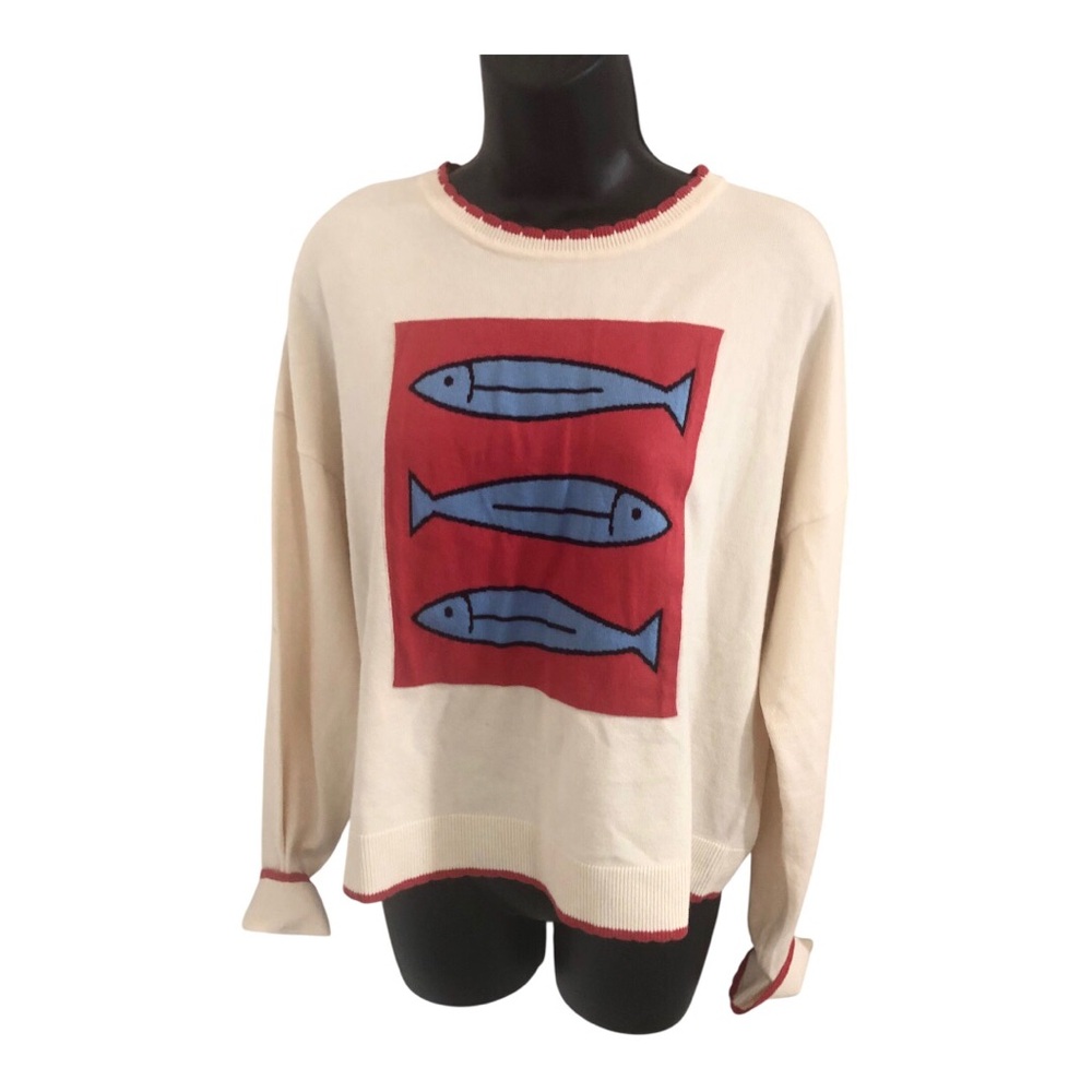 Sincerely Jules cream red trim scallop neck sardine fish printed sweater‎ size L